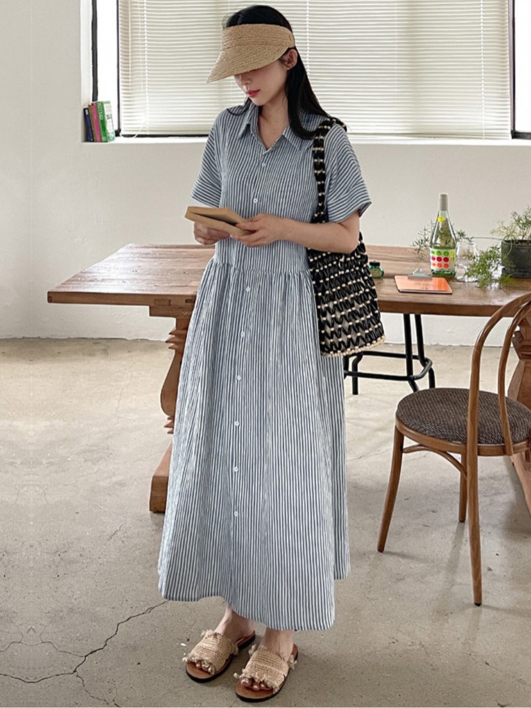 Korean Style A Line Shirt Dress - Abito chemisier a righe stile coreano