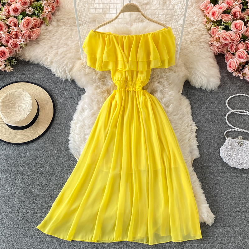 Off Shoulder Puff Sleeve Sundress - Abito da spiaggia da donna giallo