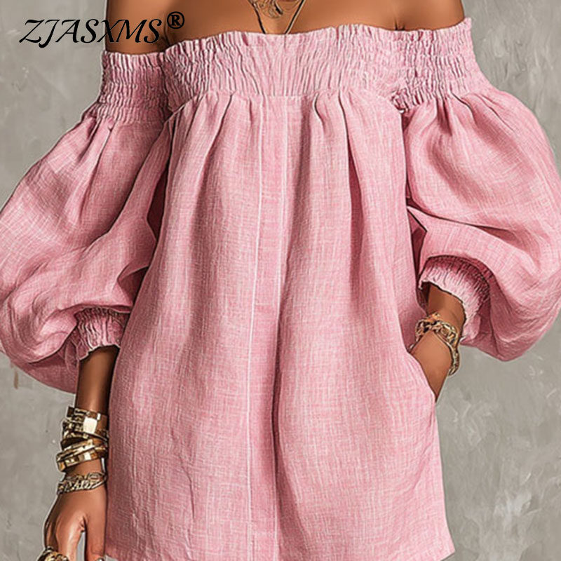 Off Shoulder Puff Sleeve Sundress - Abito da donna tinta unita con