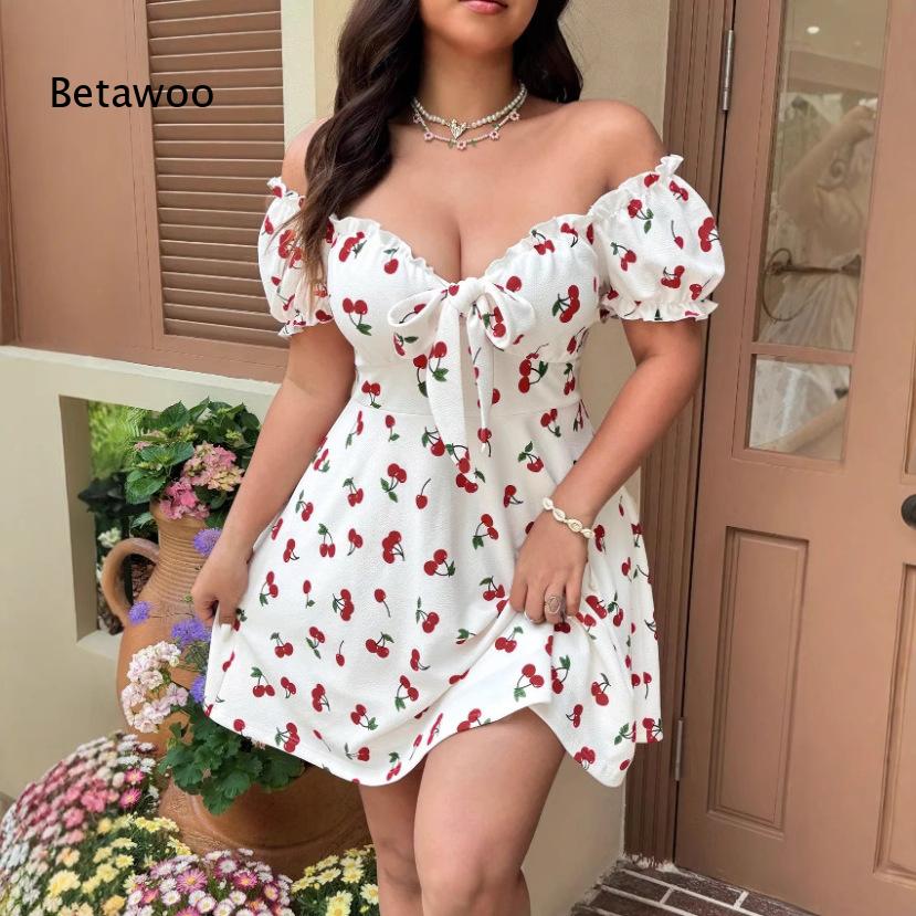 Off Shoulder Puff Sleeve Sundress - Mini abito da donna con stampa