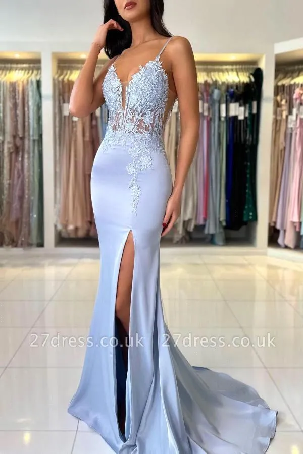 Elegant Satin Evening Gown Split - Elegante Abito da Sera Blu Chiaro