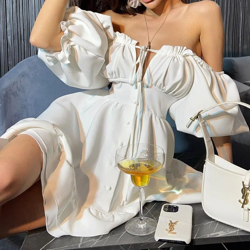Off Shoulder Puff Sleeve Sundress - Mini Abiti Estivi da Donna con