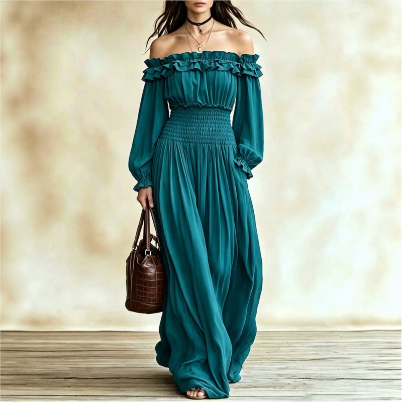 Off Shoulder Puff Sleeve Sundress - Abiti Lunghi da Donna alla Moda
