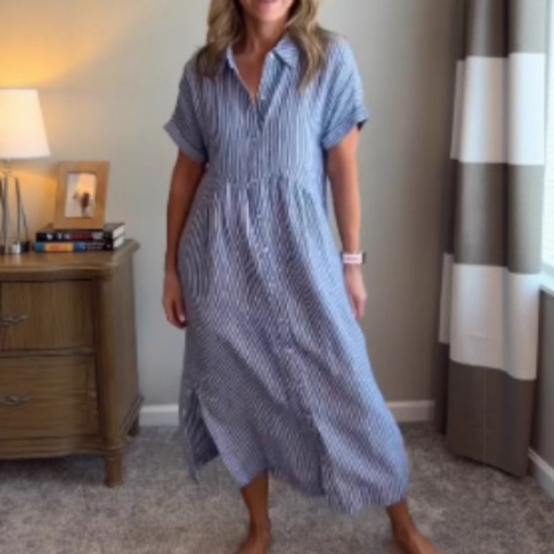 Casual Loose Linen Shirt Dress - Abito a Camicia a Righe da