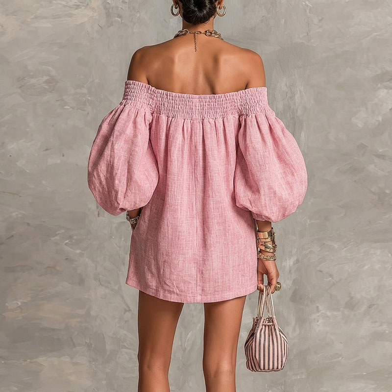 Abito da donna tinta unita con - Off Shoulder Puff Sleeve Sundress recensione e prezzo
