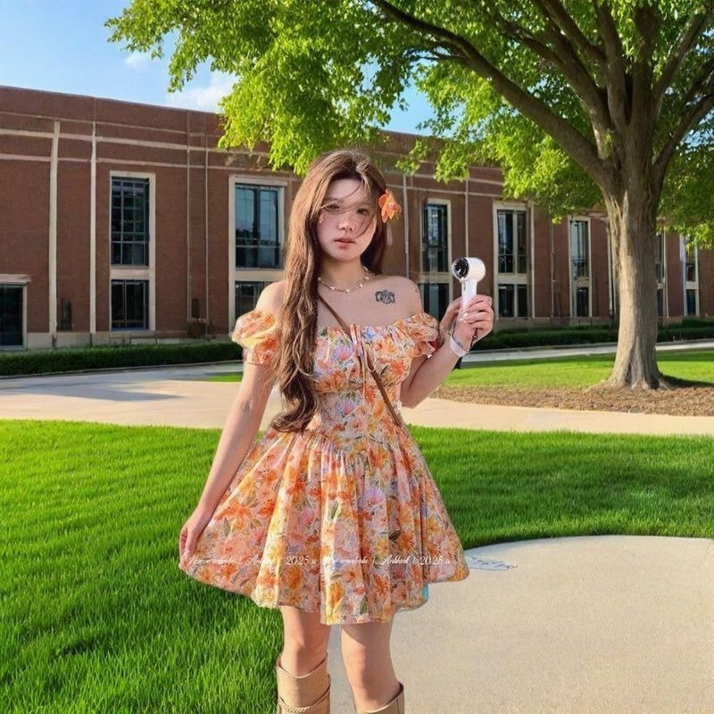 Mini abito da donna con stampa - Off Shoulder Puff Sleeve Sundress recensione e prezzo
