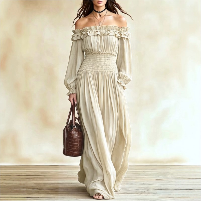 Abito lungo da donna con spall - Off Shoulder Puff Sleeve Sundress recensione e prezzo